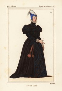 Louise Labe, La Belle Cordiere, francia költőnő 1526-1566. Zenész, lovas, íjász, vívó és nyelvész. Kézzel színezett litográfia egy portré után Roger de Gaignieres VIII. 82-es portfóliójából, a Le Bibliophile Jacob, azaz Paul Lacroix Costumes Historique de alkotó: Leopold Massard