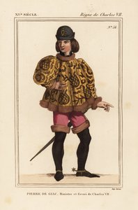 Pierre de Giac, Chamberlain to King Charles VII from 1377-1426. Executed by drowning at Dun-Le-Roi. He wears a short cassock with mahoitres sleeves, pink pantalons and boots with spurs. Handcoloured lithograph after a miniature in a manuscript Histoire du 
