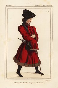 Pierre de Rieux, Rochefort ura 1389-1439. Kézi litográfia a Roger de Gaignieres portfólió VI 136. számú portréja után a Le Bibliophile Jacob alias Paul Lacroix Costumes Historique de la France (Franciaország történeti viseletei) című művéből, Administratio alkotó: Leopold Massard