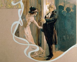 Leopoldo Metlicovitz (1868-1944) illusztrált képeslapja, amely a Tosca jelenetét ábrázolja, Giacomo Puccini (1858-1924) operája alkotó: Leopoldo Metlicovitz