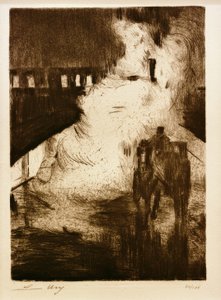 L.Ury, éjszakai benyomások (fülkével a gőzmozdony előtt) alkotó: Lesser Ury
