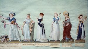 Különböző fiatal nők, akik a női divatot képviselték a forradalom idején. Gouache des freres Lesueur (18. század) Párizs, Musee Carnavalet alkotó: Lesueur Brothers