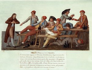1789-es francia forradalom: „” Börtönbíróság szeptember 2-án és 3-án”” Forradalmi bíróság szatirikus ábrázolása, a tagok nem rendelkeznek joghatósággal igazságszolgáltatási ügyekben, és borivás és dohányzás miatt ítélkeznek. Gouache des freeres Lesueur