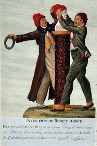 Francia forradalom: „A piros sapka feltalálása”” két forradalmár leveszi a koronát Voltaire mellszobráról, és egy fríg sapkára cseréli. Gouache des freres Lesueur (XVIII. század). Musee Carnavalet, Párizs