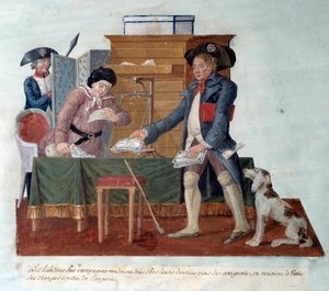 Francia forradalom: a vidék lakói megbízottaknak adták el ételeiket, amit aztán Párizsba jöttek pénzre váltani. Gouache des Freres Lesueur (XVIII. század) alkotó: Lesueur Brothers