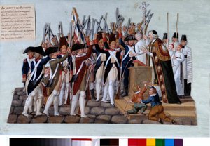 Francia forradalom: a kerületek esküje. Az Alkotmány kihirdetése után a köztereken gyülekeztek a népek, a gyülekezeteket a gyógyítók vezették. Gouache des freres Lesueur (XVIII. század). 1789. Párizs, Musee Carnavalet alkotó: Lesueur Brothers