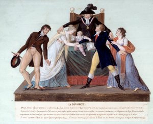 Republikánus válás: a francia forradalom idején a kibékülés színtere két válni készülő feleség között, a házasságtörő férj visszaszorítja szeretőjét, miközben a feleség megöleli gyermeküket. 18. század. Gouache des freeres Lesueur, Musee Carnaval