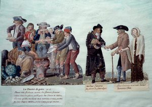 Jelenetek a francia forradalom alatt: ""kenyérhiány, pénzeladó és járadékosok árulják a tárgyaikat"". A Lesueur testvérek gouache-ja, 1789 körül. Musee Carnavalet, Párizs alkotó: Lesueur Brothers