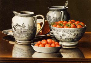 Csendélet porcelánnal és eperrel alkotó: Levi Wells Prentice
