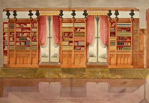 A déli oldali könyvtár emelkedése, Snelston Hall, Derbyshire (toll, ceruza, tinta és akvarell papíron) alkotó: Lewis Nockalls Cottingham