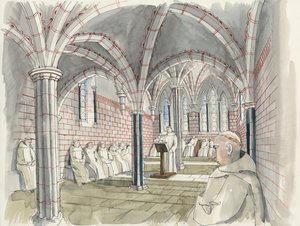 A shapi apátság káptalanjának rekonstrukciója 1530 körül (akvarell, papír)