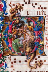 Piccolomini Könyvtár: kóruskönyv, cod. 19,4, ff. 9v „A mágusok imádásával”, Liberale da Verona (kb. 1445 - 1527/9). Részlet.
