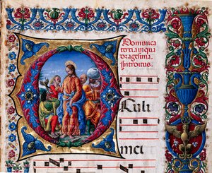 Piccolomini Könyvtár: kóruskönyv, cod. 21,6, ff. 2r „A tisztátalan lélek kiűzésével”, Liberale da Verona (kb. 1445 - 1527/9). Részlet.