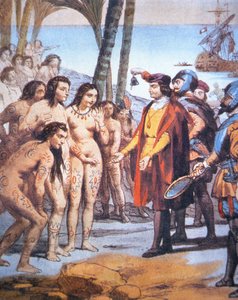 Kolumbusz Kristóf 1492-ben landol az Újvilágban, és Taino indiánok köszöntik (színes litho) alkotó: Unbekannt Unbekannt