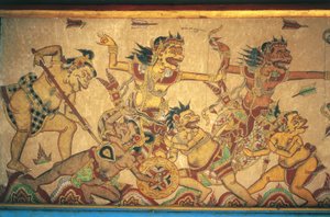 Istenek és démonok harcának jeleneteit ábrázoló freskók, Kertha Gosa pavilon, Klungkung palota (Puri Agung Semarapura), Semarapura, Bali, Indonézia alkotó: Unbekannt Unbekannt