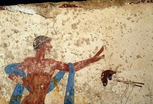 Felvonulás sportolóval, részlet, freskó a búvár sírjából, Paestum, Campania, Olaszország, ókori görög civilizáció, Magna Graecia, Kr.e. 3. század (fotó) alkotó: Unbekannt Unbekannt