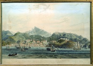 Kilátás St. George városáról és Richmond Heightsról Grenada szigetén, William Daniell metszet 1769-1837, 1810 körüli metszet alkotó: Lieutenant Colonel J. Wilson