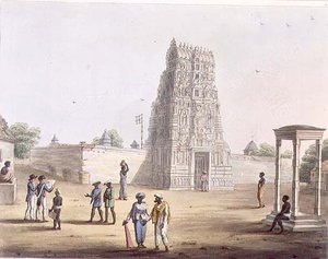 Pagoda Strupermadorban, 23. tábla a „Pictorial Scenery in the Kingdom of Mysore”-ból, metszett H. Merke (fl.1800-20) pub. írta: Edward Orme (1774-1820 körül) 1804 (akvatinta)
