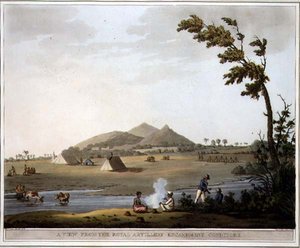 Kilátás a királyi tüzérségi táborból, Conditore, 37. tábla a „Picturesque Scenery in the Kingdom of Mysore”-ból, Harraden, pub metszet. írta: Edward Orme (1774-1820 körül) 1804 (akvatinta)