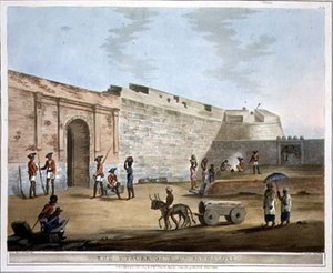 A Mysore-kapu Bangalore-ban, 14. tábla a „Picturesque Scenery in the Kingdom of Mysore, vésett Joseph Constantine Stadler (fl.1780-1812)” pub. Edward Orme (1774 -1820) 1804 (akvatinta)