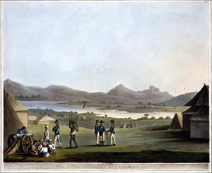 A Királyi Tüzérségi Tábor, Arcot, 21. tábla a „Picturesque Scenery in the Kingdom of Mysore”-ból, Harraden metszete, pub. írta: Edward Orme (1774-1820 körül) 1804 (akvatinta)