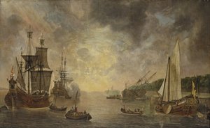 Furulyás kikötő, tisztelgő fregatt, fuvolát ápolnak és States Yacht, egyéb szállítással napnyugtakor
