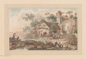 Ház egy rozoga városkapu előtt, az előtérben egy emberrel a hídon alkotó: Liger (attributed to)
