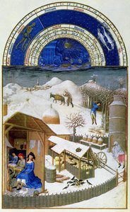 Februári fakszimile: tanyasi jelenet parasztokkal, a „Tres Riches Heures du Duc de Berry”-ből másolva (az eredetit lásd: 8434)