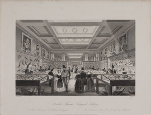 Kilátás a Zoológiai Galériára, British Museum, ahol a látogatók kiállítókat nézegetnek, 1850 körül (metszet) alkotó: Llewellyn (after) Jewitt