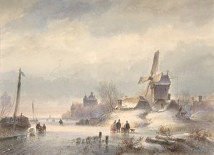 Téli táj befagyott folyóval, 19. század alkotó: Lodewijk Johannes Kleijn