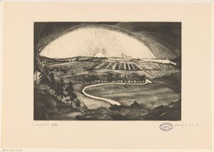 Felkelő vagy lenyugvó nap dombos táj felett La Bruyere (eredeti cím a tárgyon) alkotó: Lodewijk Schelfhout (signed by artist)
