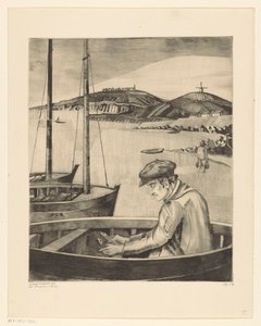 Halász egy kikötött hajón Le Pecheur (eredeti cím) alkotó: Lodewijk Schelfhout (signed by artist)