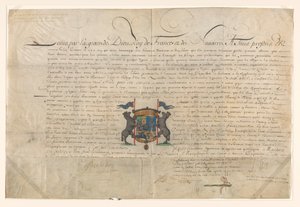 Oklevél, amellyel XIV. Lajos Cornelis Lampsinst Tobago bárójává és a Szent Michel rend lovagjává emelte alkotó: Lodewijk XIV (koning van Frankrijk) (signed by artist)