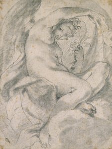 Egy nimfa (flóra) a felhők között (fekete kréta csonkkal törtfehér papíron) alkotó: Lodovico Carracci