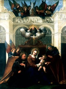 "Szent család Tolentinoi Szent Miklóssal", 1515-1530 alkotó: Lodovico Mazzolini