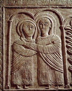 A középkor régészete (középkor). Lombardia barbár művészete: Látogatás, Szent Erzsébet és Szent Mária. Szobrászat, Lombard művészet, 737-744. Cividale del Friuli, Chretien Múzeum, a katedrális kincse