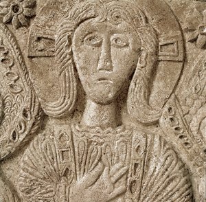 A középkor régészete (középkor). Lombardia barbár művészete: Krisztus részlete, Rachis herceg oltárának alacsony domborműve. Szobrászat, Lombard művészet, 737-744. Cividale del Friuli, Chretien Múzeum, a katedrális kincse