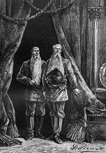 Leon Benett rajza Jules Verne "A Begum 500 milliója" című könyvéből - Hetzel/Extraordinary Voyages 1879-es kiadás. Arminius és Sigimer megjelenése, két impozáns szakállas.