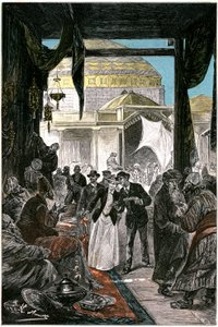 Samarkande (ma Samarkand vagy Samarqand Üzbegisztánban) bazárja, illusztráció Jules Verne "Claudius Bombarnac" című regényéhez, Hetzel kiadás 1892 - Leon Benett (Hippolyte Leon Benet) rajza