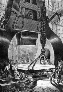 Leon Benett rajza, Jules Verne "A Begum 500 milliója" című könyvéből - Hetzel/Extraordinary Voyages 1879-es kiadás. kalapácsos dobos (dobos) munka közben egy acélöntödében.