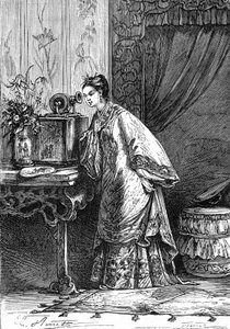 Leon Benett rajza, Jules Verne "Egy kínai megpróbáltatásai Kínában" című könyvéből - Hetzel-kiadás / Rendkívüli utazások 1879. Egy fiatal kínai lány egy fonográfon rögzített üzenetet hallgat.