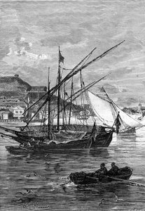Jules Verne "Keraban a makacs" című regényének illusztrációja, Hetzel gyűjtemény/extraordinary voyages 1883. Leon Benett rajza: Kertsch (Krím) kikötője, a Fekete-tenger és az Azof-tenger közötti Iénikale-szorosban.