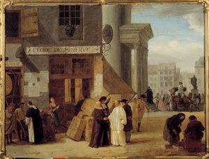 Az Egide de Minerve-ben, egy könyvesboltban Liege-ben, Belgiumban, ahol a hatalom vagy az egyház által tiltott könyveket árultak. II. József toleranciapolitikája (1741-1790), amely az enciklopédistákat részesíti előnyben. Leonard Defrance (vagy De France) 