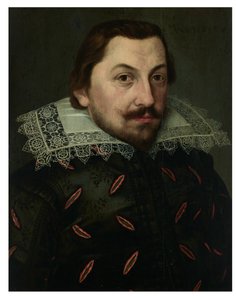 Férfi portré, mellrészben, fekete, vágott selyemkabátban, puntonari csipkés állógallérral.