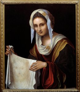 Szent Veronika. A szent fátyol Krisztus arcát ábrázolja, akinek verejtéke Veronique állítólag izzadt a kálváriára való mászás során. Lorenzo Costa (1460-1535) festménye V. 0,64x0,54 m