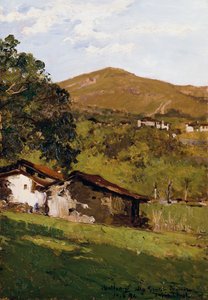 Parasztházak zöldövezetben (Biella előtti Alpok), Lorenzo Delleani (1840-1908), olaj, panel, 44,9x30,7 cm
