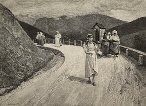 On Sacred Way, női zarándok sétál az ösvényen, Brera, United Expositions, Milánó, Olaszország, F Cantagalli metszet Lorenzo Delleani (1840-1908) festményéből a L