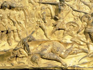 Dávid és Góliát, részlet a keresztelőkápolna keleti ajtaja eredeti táblájáról, 1425-52 (aranyozott bronz) (restaurálás után)