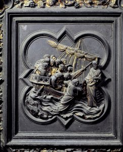 Jézus a vízen jár és megmenti Pétert, a San Giovanni Keresztelőkápolna északi ajtóinak nyolcadik táblája, 1403-24 (bronz)