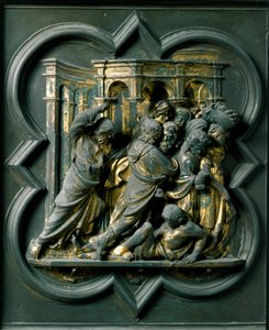 Északi kapu (északon Keresztkapunak hívják), külső részlet: ""Jézus kereskedőket kerget a templomból""" Lorenzo Ghiberti (1378-1455) bronzszobra alkotó: Lorenzo Ghiberti